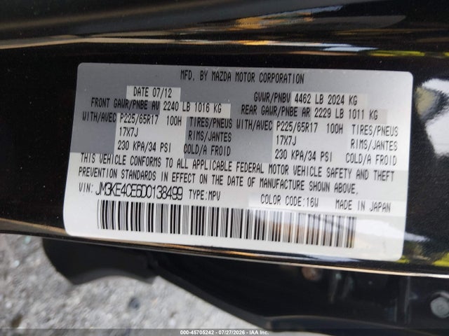 45705242 :رقم المزاد ، JM3KE4CE6D0138499 vin ، 2013 Mazda Cx-5 Touring مزاد بيع