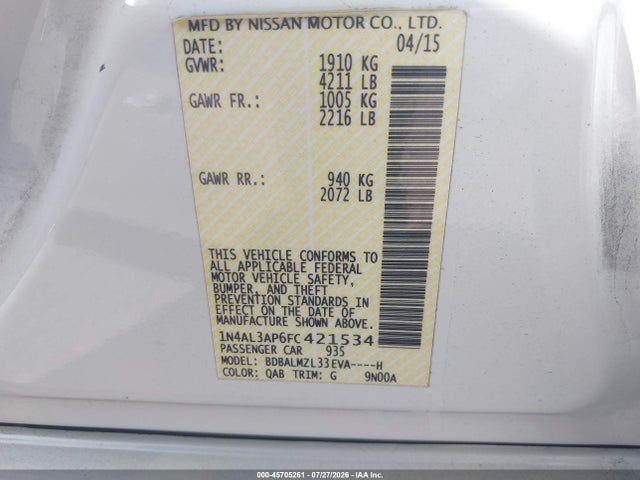 Nissan Altima 2.5 Sv 2015 1N4AL3AP6FC421534 Image 9