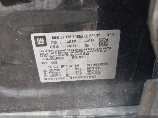 2020 Chevrolet Trax Fwd Ls მანქანა იყიდება აუქციონზე, vin: KL7CJKSB4LB066092, აუქციონის ნომერი: 45705271