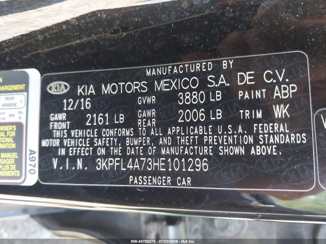 45705275 :رقم المزاد ، 3KPFL4A73HE101296 vin ، 2017 Kia Forte S مزاد بيع