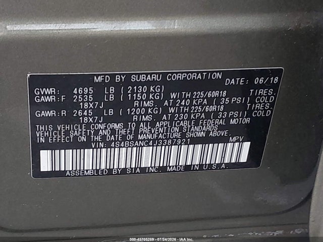 Продаж на аукціоні авто 2018 Subaru Outback 2.5i Limited, vin: 4S4BSANC4J3387921, номер лоту: 45705289