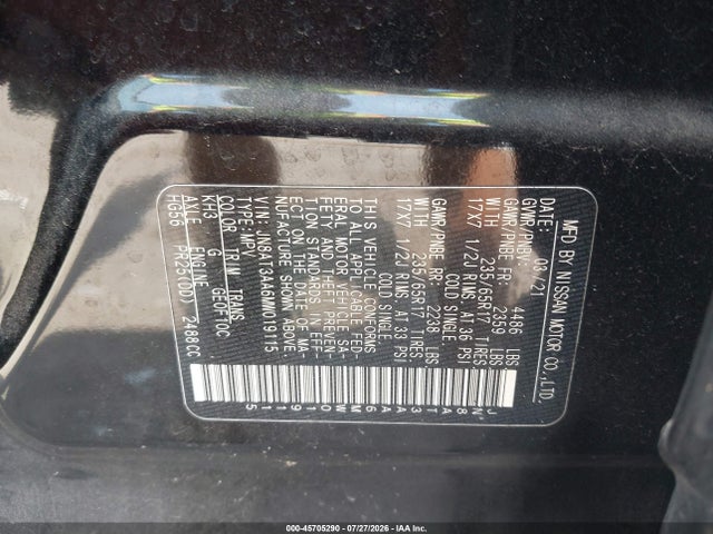 45705290 :رقم المزاد ، JN8AT3AA6MW019115 vin ، 2021 Nissan Rogue S Fwd مزاد بيع