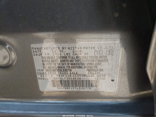 Aukcja sprzedaży 2025 Nissan Versa 1.6 Sv, vin: 3N1CN8EV2SL830778, numer aukcji: 45705296