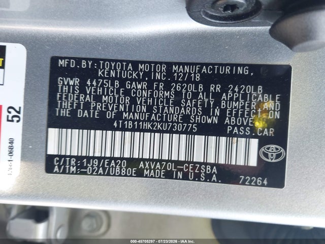 2019 Toyota Camry Se მანქანა იყიდება აუქციონზე, vin: 4T1B11HK2KU730775, აუქციონის ნომერი: 45705297