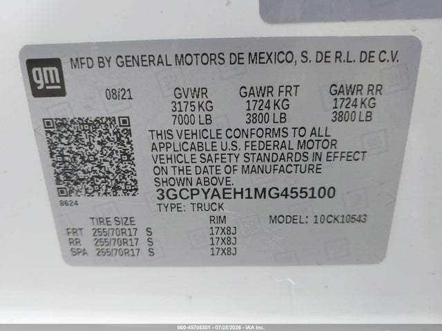 45705301 :رقم المزاد ، 3GCPYAEH1MG455100 vin ، 2021 Chevrolet Silverado 1500 4wd  Short Bed Wt مزاد بيع