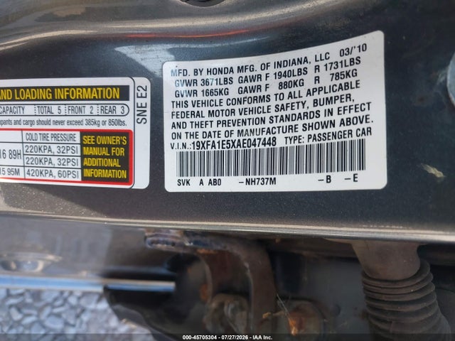 2010 Honda Civic Lx მანქანა იყიდება აუქციონზე, vin: 19XFA1E5XAE047448, აუქციონის ნომერი: 45705304