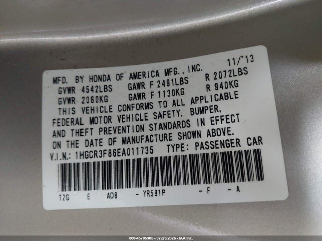 2014 Honda Accord Ex-l V-6 მანქანა იყიდება აუქციონზე, vin: 1HGCR3F86EA011735, აუქციონის ნომერი: 45705305