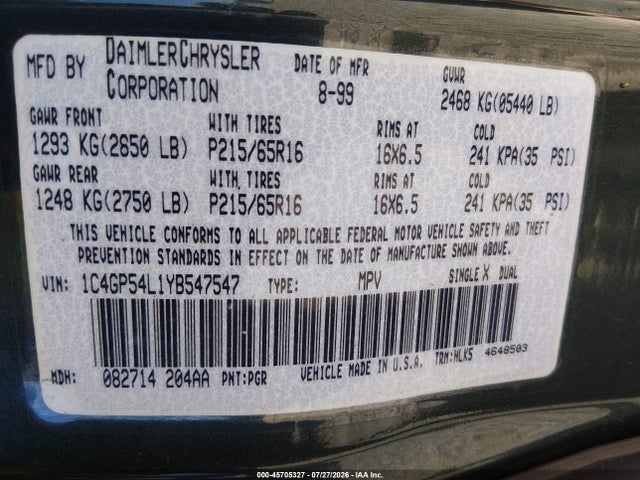 Продаж на аукціоні авто 2000 Chrysler Town & Country Lxi, vin: 1C4GP54L1YB547547, номер лоту: 45705327