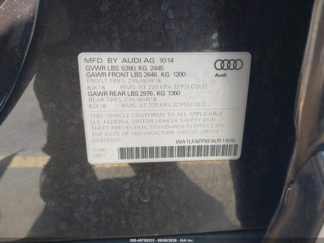 Продажа на аукционе авто 2015 Audi Q5 2.0t Premium, vin: WA1LFAFPXFA051606, номер лота: 45705333