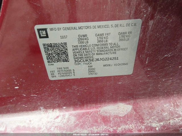 45705335 :رقم المزاد ، 3GCUKSEJ6JG224251 vin ، 2018 Chevrolet Silverado 1500 1lz مزاد بيع