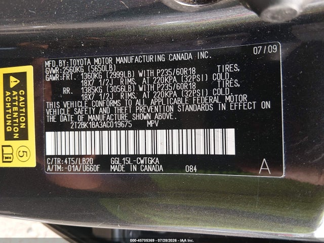 45705369 :رقم المزاد ، 2T2BK1BA3AC019675 vin ، 2010 Lexus Rx 350 مزاد بيع