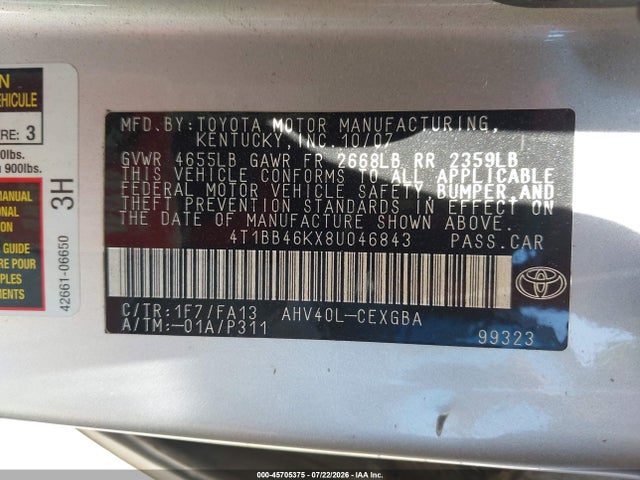 Продажа на аукционе авто 2008 Toyota Camry Hybrid, vin: 4T1BB46KX8U046843, номер лота: 45705375