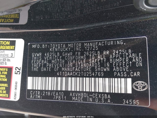 45705376 :رقم المزاد ، 4T1DAACK2TU254769 vin ، 2026 Toyota Camry Se مزاد بيع