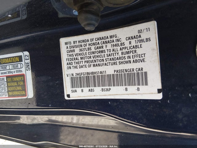 2011 Honda Civic Lx მანქანა იყიდება აუქციონზე, vin: 2HGFG1B64BH514611, აუქციონის ნომერი: 45705391