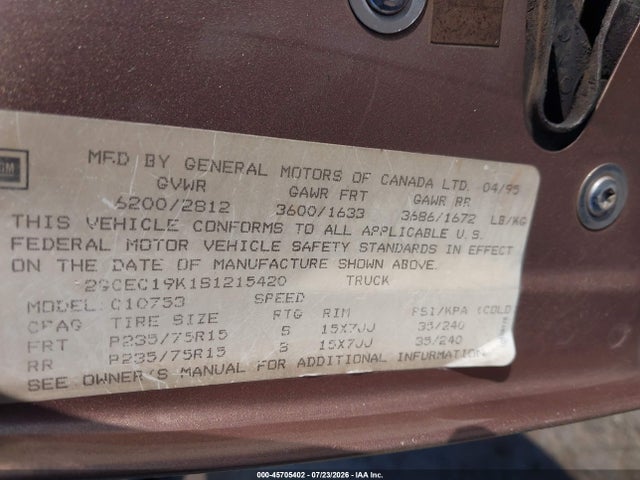 Продаж на аукціоні авто 1995 Chevrolet Gmt-400 C1500, vin: 2GCEC19K1S1215420, номер лоту: 45705402