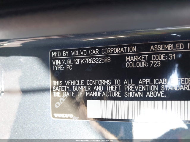 Aukcja sprzedaży 2024 Volvo S60 B5 Core Dark Theme, vin: 7JRL12FK7RG322588, numer aukcji: 45705403
