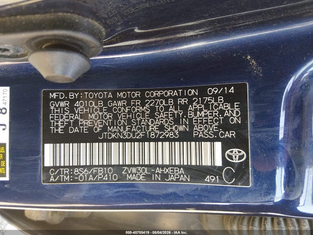 Aukcja sprzedaży 2015 Toyota Prius Two, vin: JTDKN3DU2F1872983, numer aukcji: 45705419