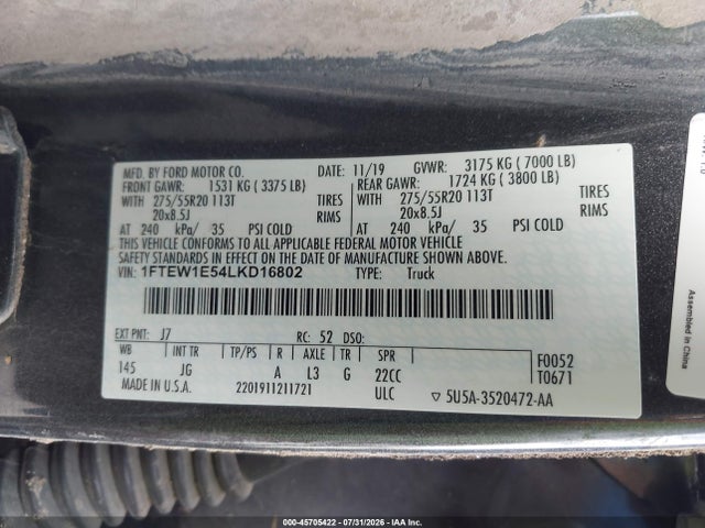 Auction sale of the 2020 Ford F-150 Xl, vin: 1FTEW1E54LKD16802, lot number: 45705422