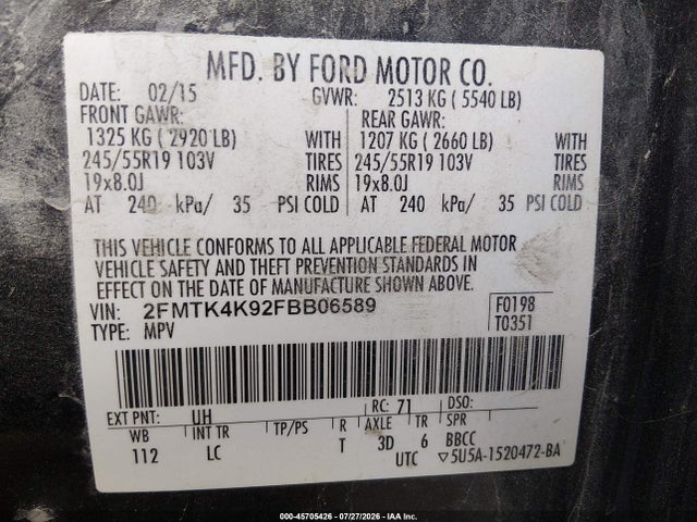 45705426 :رقم المزاد ، 2FMTK4K92FBB06589 vin ، 2015 Ford Edge Titanium مزاد بيع