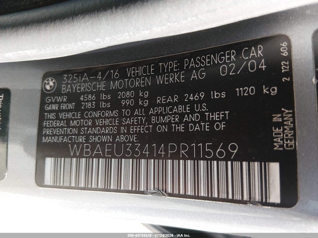 45705429 :رقم المزاد ، WBAEU33414PR11569 vin ، 2004 Bmw 325xi مزاد بيع