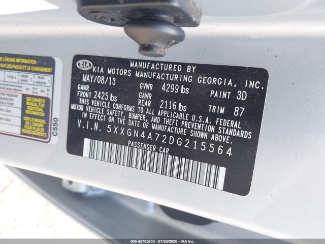 Aukcja sprzedaży 2013 Kia Optima Ex, vin: 5XXGN4A72DG215564, numer aukcji: 45705434