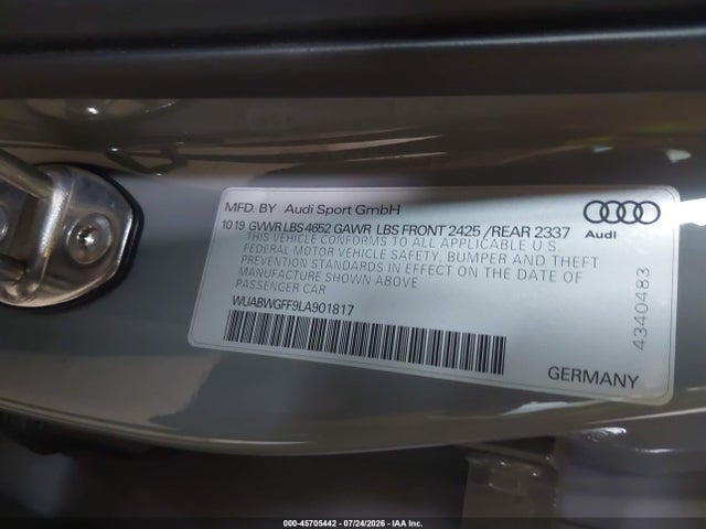 45705442 :رقم المزاد ، WUABWGFF9LA901817 vin ، 2020 Audi Rs 3 Tfsi Quattro S Tronic مزاد بيع