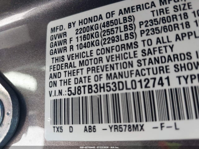 45705449 :رقم المزاد ، 5J8TB3H53DL012741 vin ، 2013 Acura Rdx مزاد بيع