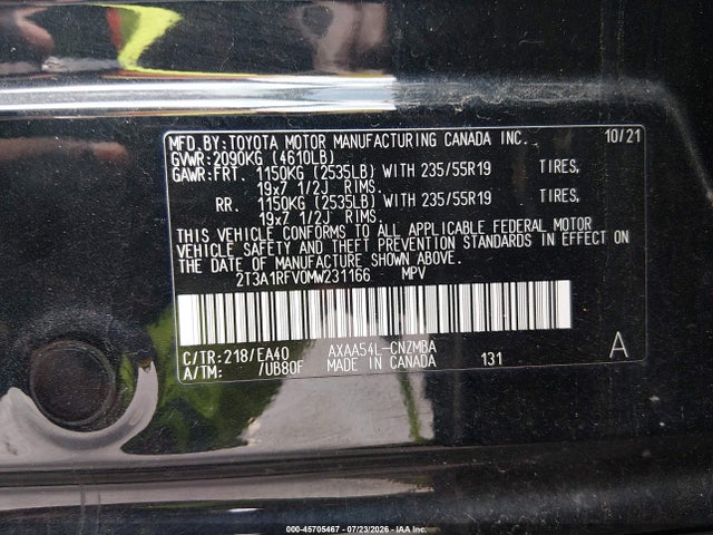 45705467 :رقم المزاد ، 2T3A1RFV0MW231166 vin ، 2021 Toyota Rav4 Xle Premium مزاد بيع
