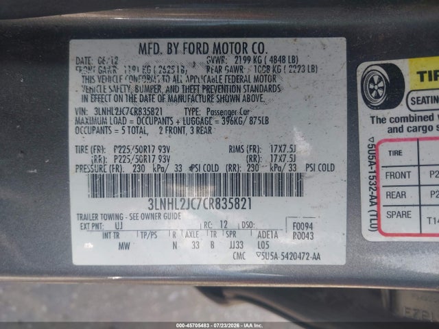 45705483 :رقم المزاد ، 3LNHL2JC7CR835821 vin ، 2012 Lincoln Mkz مزاد بيع