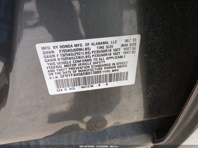 Aukcja sprzedaży 2013 Honda Pilot Ex-l, vin: 5FNYF4H58DB073889, numer aukcji: 45705485