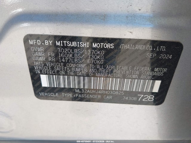 Aukcja sprzedaży 2024 Mitsubishi Mirage Es/le, vin: ML32AUHJ4RH030825, numer aukcji: 45705491