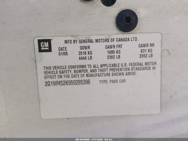 Aukcja sprzedaży 2005 Chevrolet Impala Ls, vin: 2G1WH52K959285396, numer aukcji: 45705498
