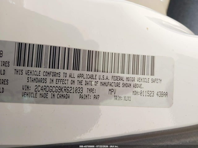 45705500 :رقم المزاد ، 2C4RDGCG9KR621033 vin ، 2019 Dodge Grand Caravan Sxt مزاد بيع