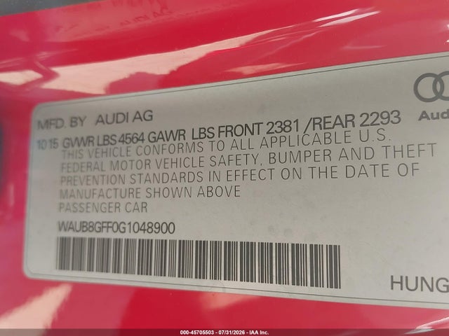 Продажа на аукционе авто 2016 Audi A3 2.0t Premium, vin: WAUB8GFF0G1048900, номер лота: 45705503