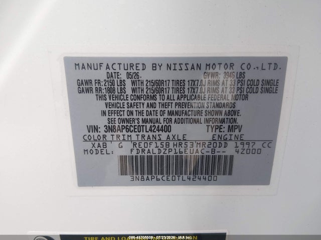 Aukcja sprzedaży 2026 Nissan Kicks Sv, vin: 3N8AP6CE0TL424400, numer aukcji: 45705509