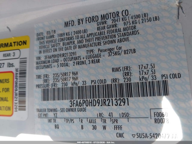 Aukcja sprzedaży 2018 Ford Fusion Se, vin: 3FA6P0HD9JR213291, numer aukcji: 45705510