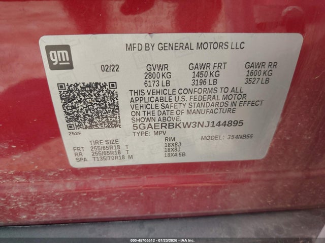 Auction sale of the 2022 Buick Enclave Fwd Essence, vin: 5GAERBKW3NJ144895, lot number: 45705512