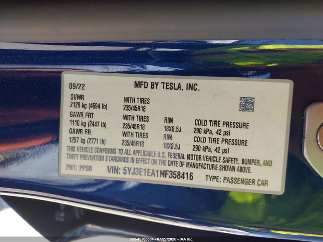 Tesla Model 3 Rear-wheel Drive 2022 5YJ3E1EA1NF358416 Image 9