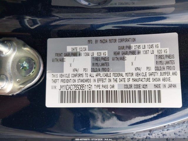 Aukcja sprzedaży 2025 Mazda Mx-5 Miata Grand Touring, vin: JM1NDAD76S0651191, numer aukcji: 45705570