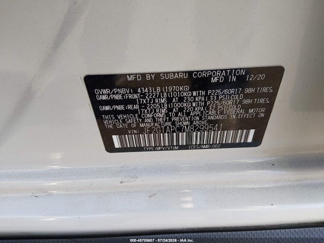 Aukcja sprzedaży 2021 Subaru Crosstrek Premium, vin: JF2GTAPC7M8299541, numer aukcji: 45705607