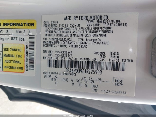 45705626 :رقم المزاد ، 3FA6P0D96JR225903 vin ، 2018 Ford Fusion Titanium مزاد بيع