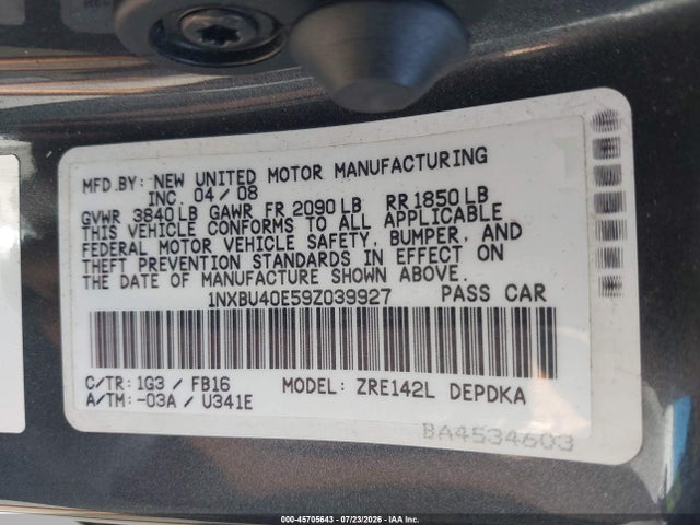 Продажа на аукционе авто 2009 Toyota Corolla Le, vin: 1NXBU40E59Z039927, номер лота: 45705643