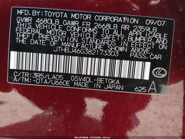 2008 Lexus Es 350 მანქანა იყიდება აუქციონზე, vin: JTHBJ46G382173303, აუქციონის ნომერი: 45705649