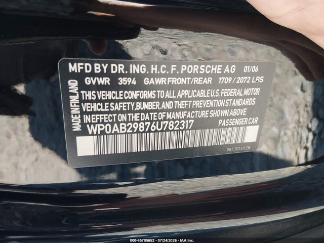 2006 Porsche Cayman S მანქანა იყიდება აუქციონზე, vin: WP0AB29876U782317, აუქციონის ნომერი: 45705652