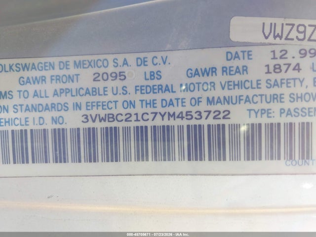 45705671 :رقم المزاد ، 3VWBC21C7YM453722 vin ، 2000 Volkswagen New Beetle Gl مزاد بيع