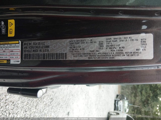 45705679 :رقم المزاد ، 1C6HJTAG3LL210986 vin ، 2020 Jeep Gladiator Sport S 4x4 مزاد بيع