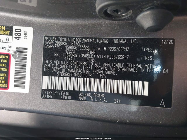 Auction sale of the 2021 Toyota Sienna Le, vin: 5TDKRKEC1MS011508, lot number: 45705698