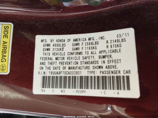 45705720 :رقم المزاد ، 19UUA8F75CA003901 vin ، 2012 Acura Tl 3.5 مزاد بيع