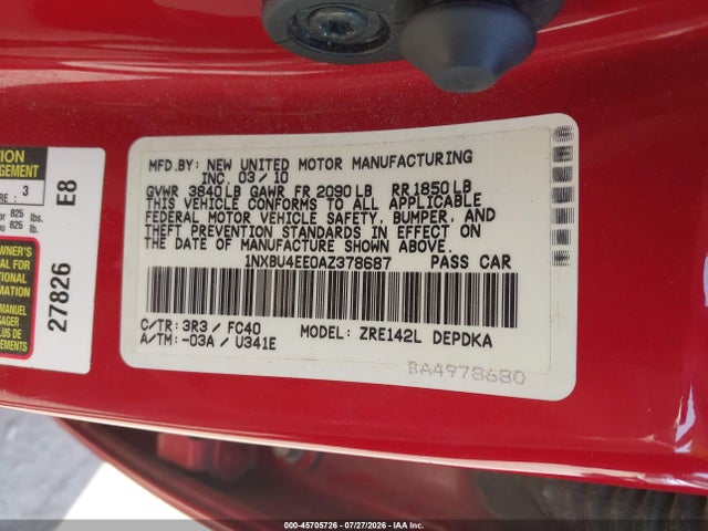 Aukcja sprzedaży 2010 Toyota Corolla Le, vin: 1NXBU4EE0AZ378687, numer aukcji: 45705726