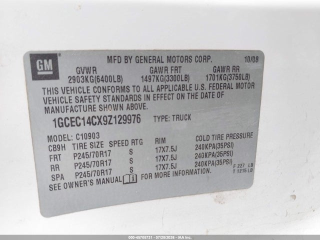 45705731 :رقم المزاد ، 1GCEC14CX9Z129976 vin ، 2009 Chevrolet Silverado 1500 Work Truck مزاد بيع